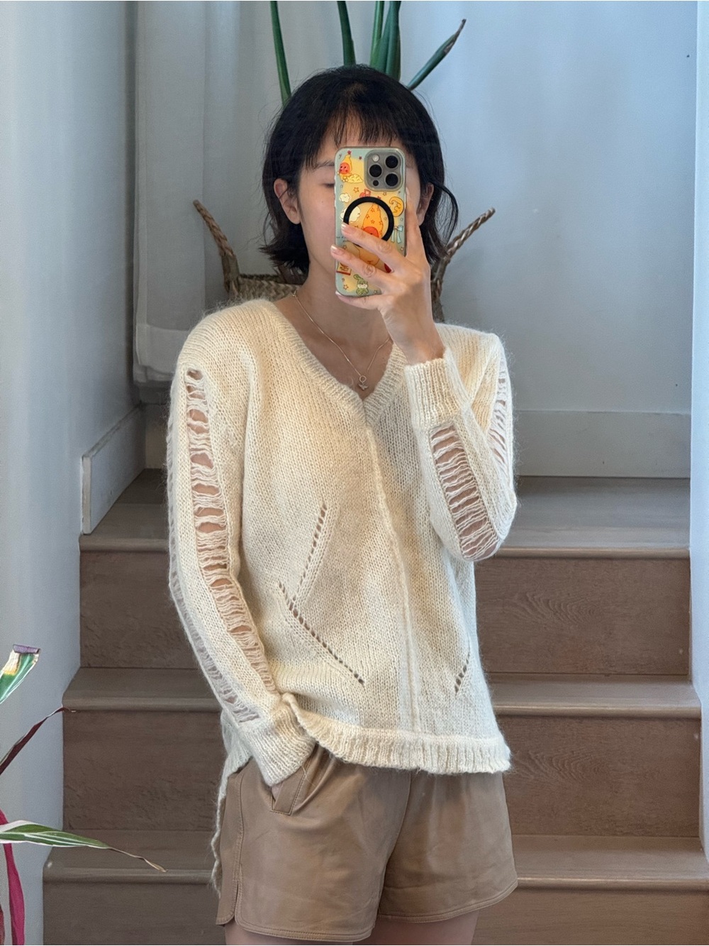 NEW 100% Mohair V-Neck Open-Stitch Cream Sweater